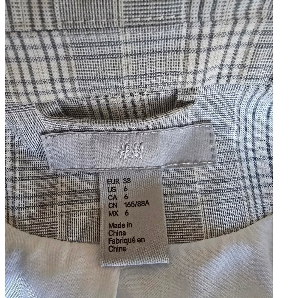 H&M Plaid Blazer Ruched Sleeve Open Front Women Size 6 Gray White - Picture 4 of 6